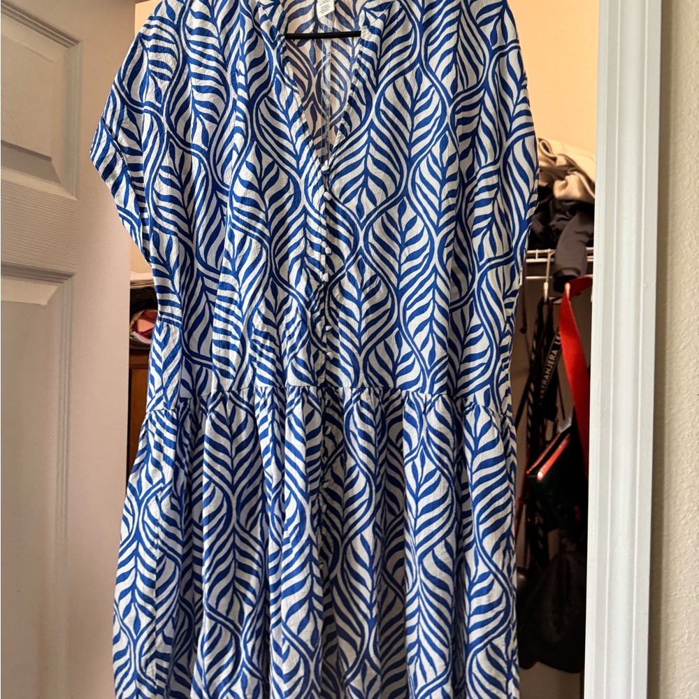 H&M Blue and White Leaf Print Dress
